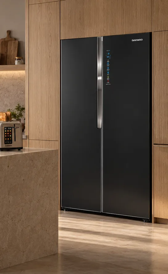 Daewoo side-by-side refrigerator in a modern kitchen